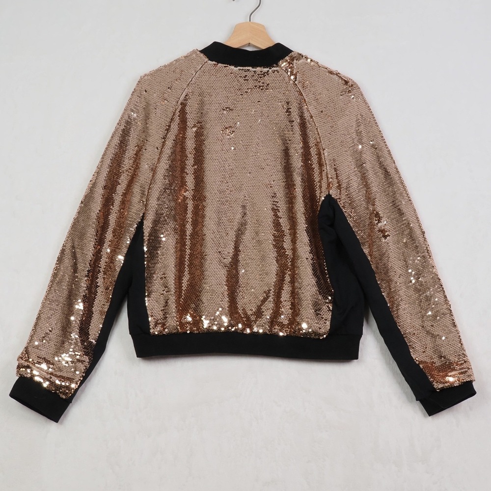 Womens Sequin Bomber Jacket Medium Rose Gold Bachelorette Festival Glam NWT - Picture 3 of 10